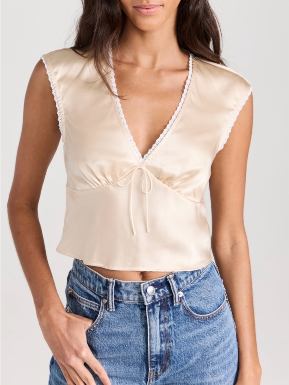 Reformation Cherry Silk Lace Trim Top